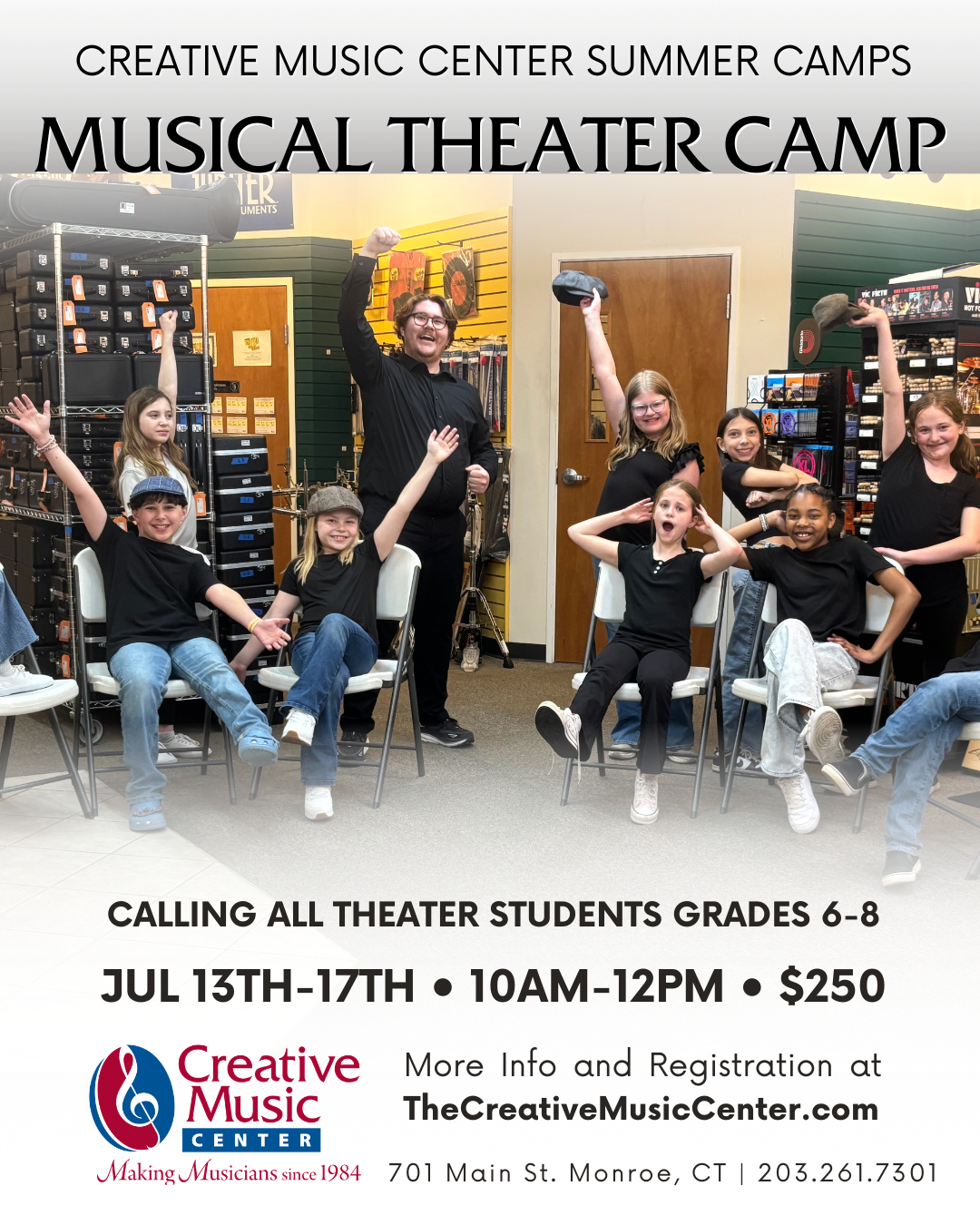 Theater Camp flyer with new dates noting July 13-17 10am - 12 pm. Camp teacher Christian with students cheering from 2025 camp.