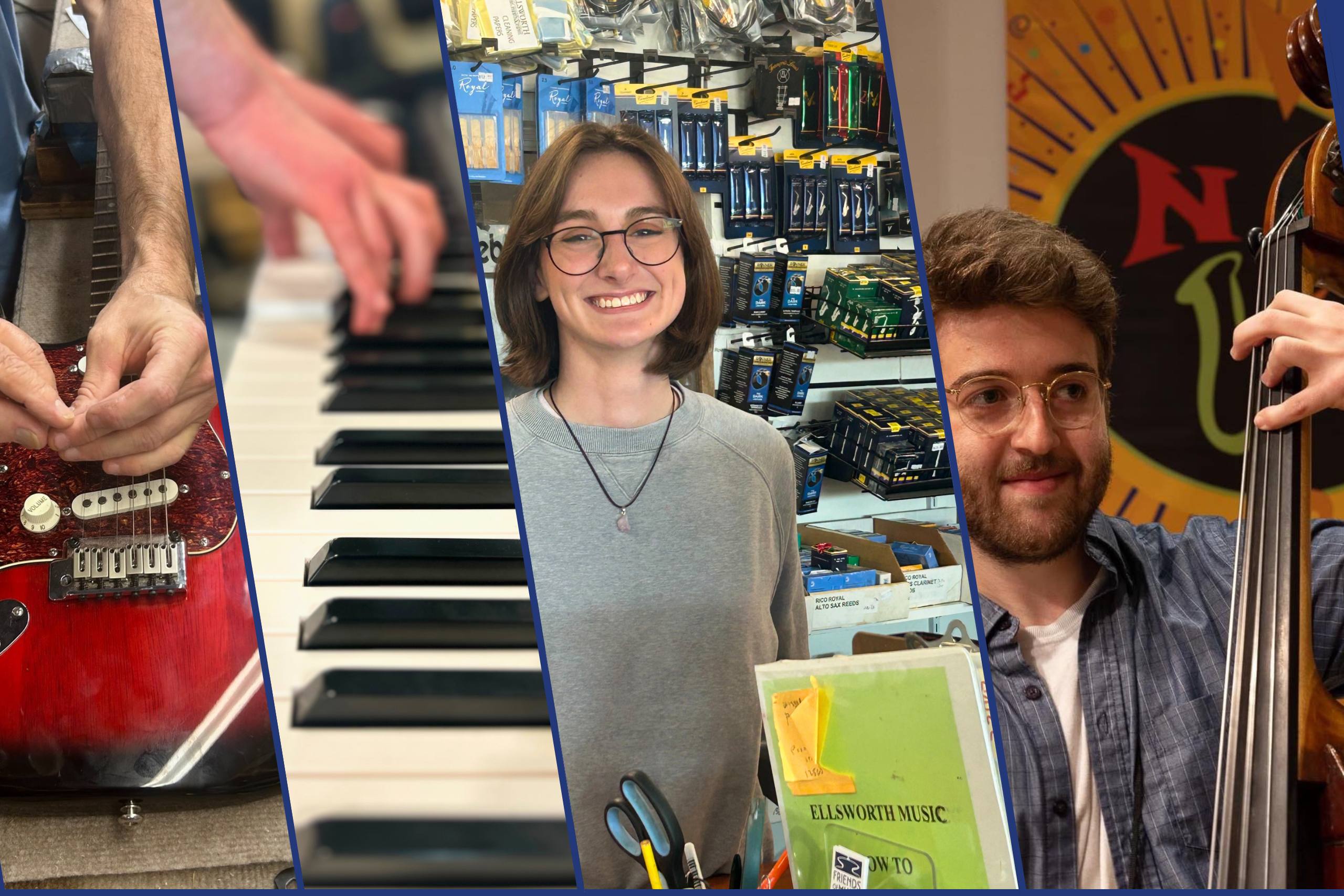 collage showing guitar repair, an administrator smiling, a bass player on bass, and a piano