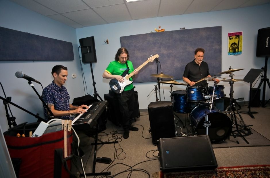 rock band practicing in studio