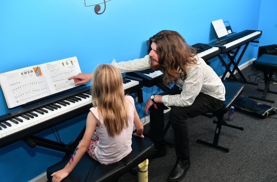 piano teacher helping a student to read out of a music book while playing electric piano against a blue wall background