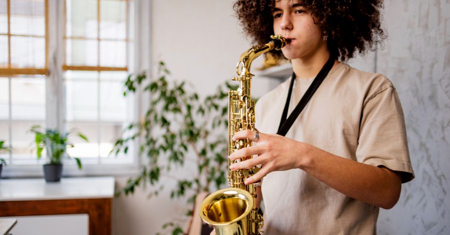 Palo Alto music student playing saxphone
