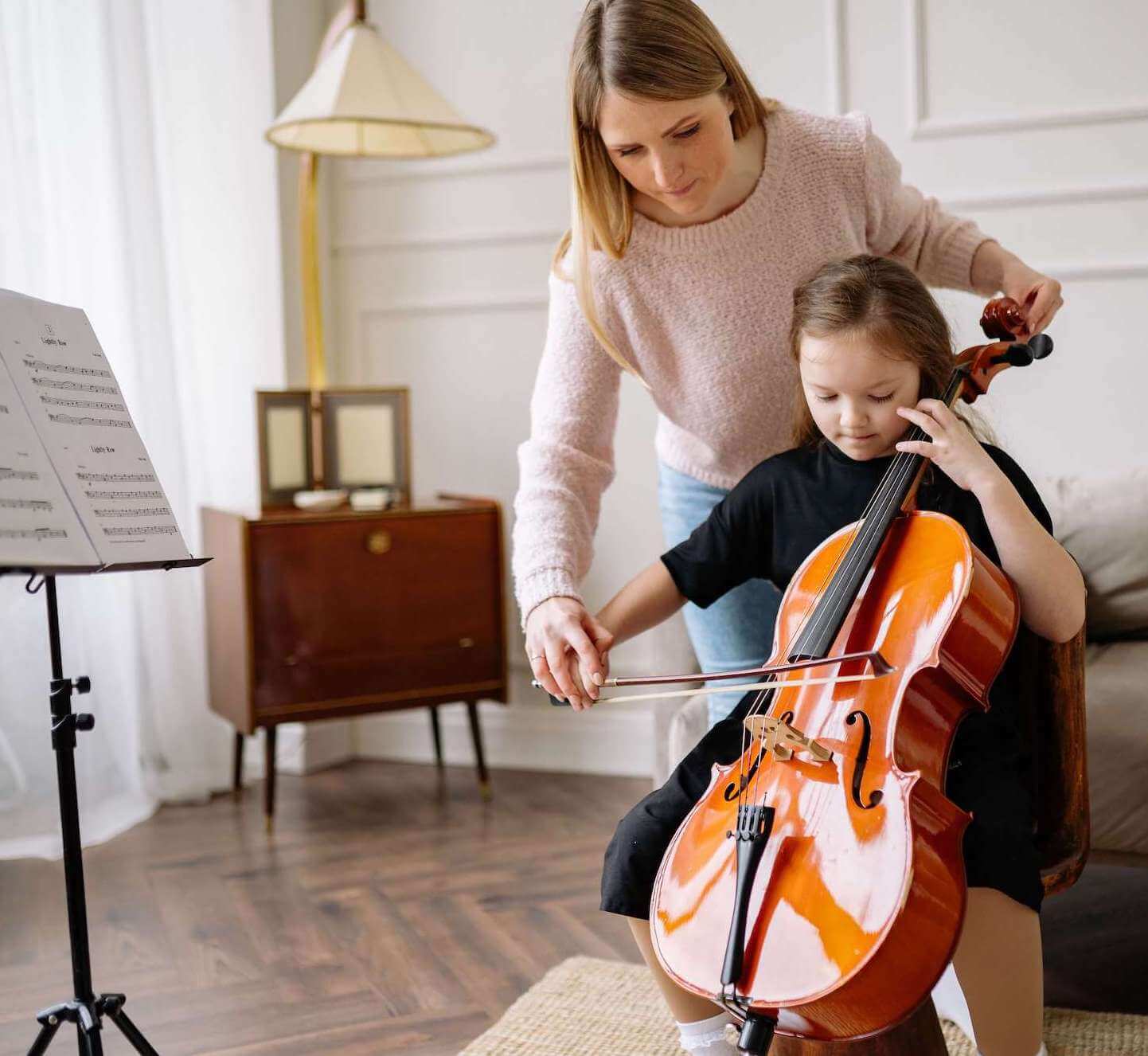 student learning to play the cello at home with a cello teacher Caldwell NJ