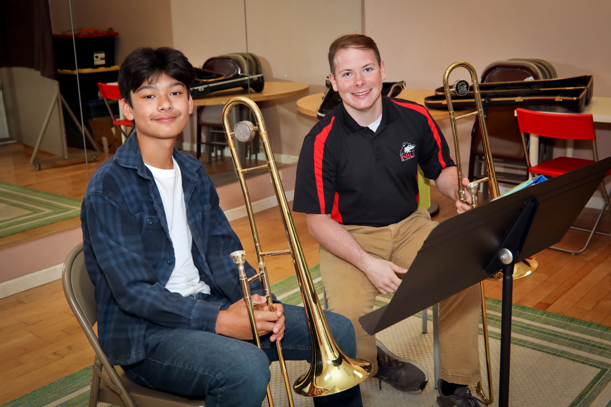 brass instructor and student in a lesson