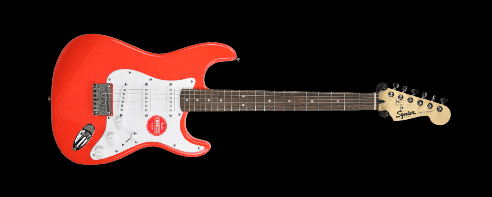 red electric guitar in Stratocaster style