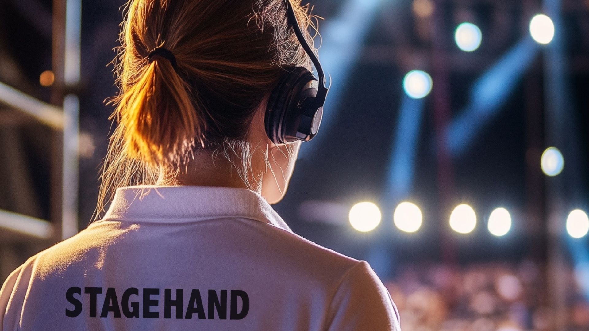 a woman working as a stage hand at a concert looking out at the crowd, wearing a headset