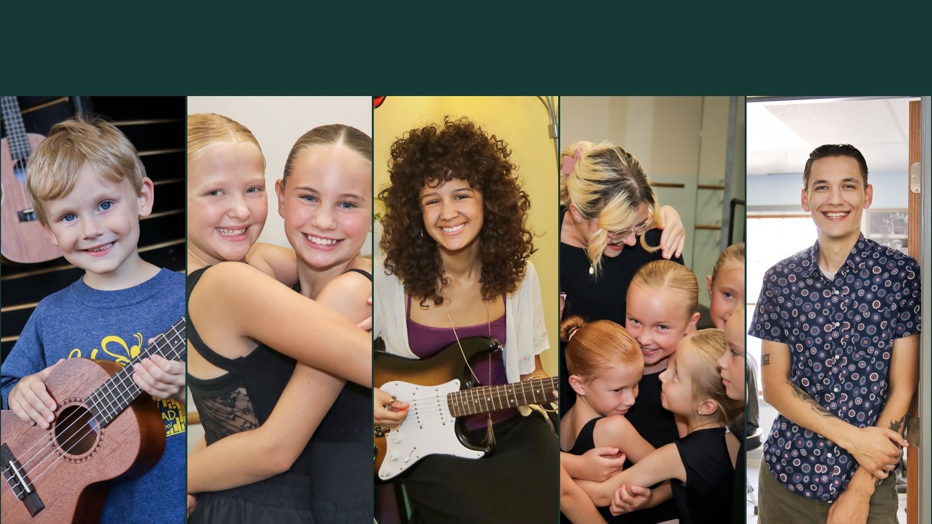 a collage of photos. from left to write, a student holding a ukulele, two dancers hugging each other, a female guitar player with her electric guitar, a group of dance students hugging, and a drum instructor smiling while standing in a doorway